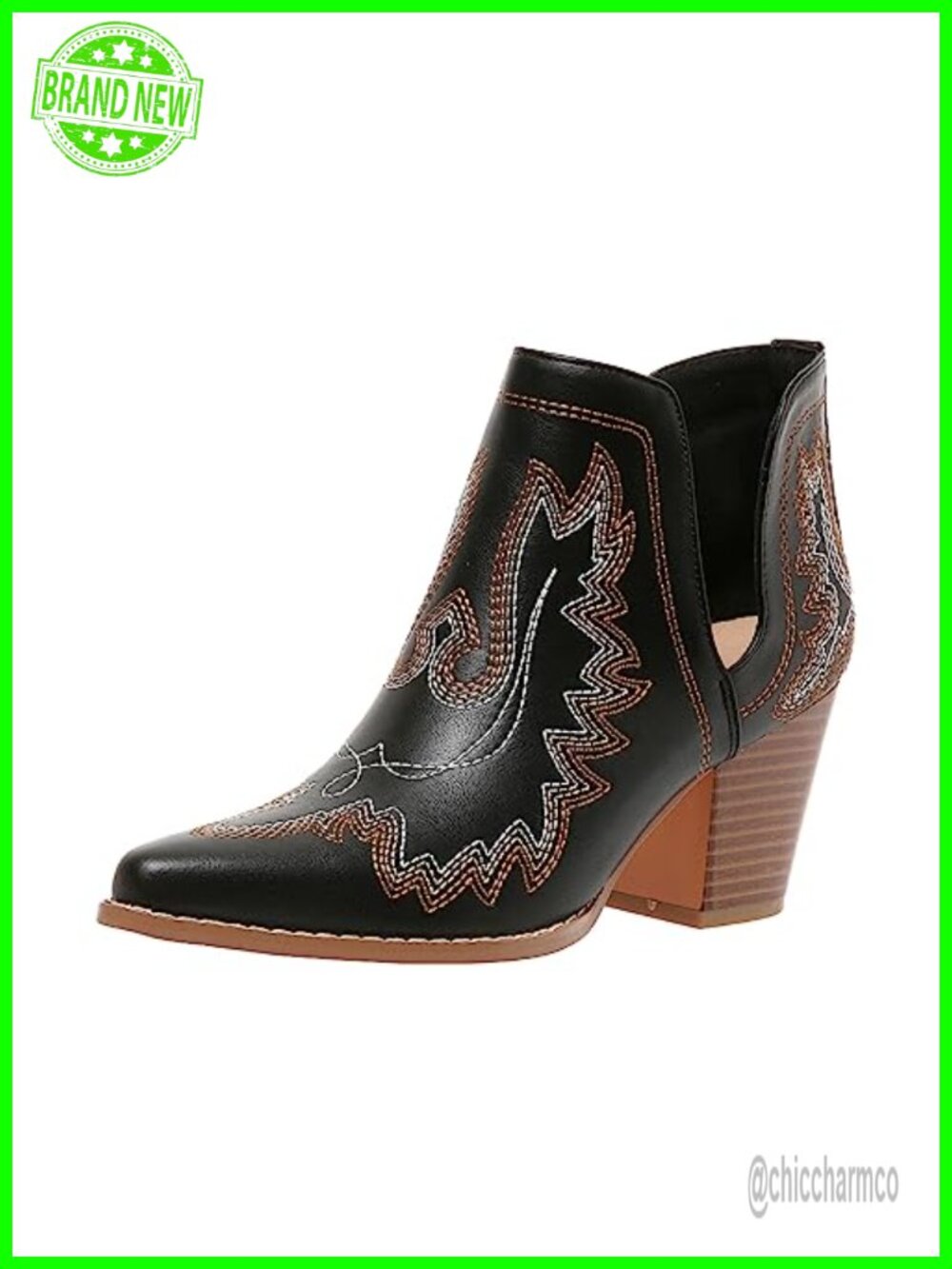 Women's Pointed Toe Chunky Heel Cutout Western Cowboy Ankle Boots